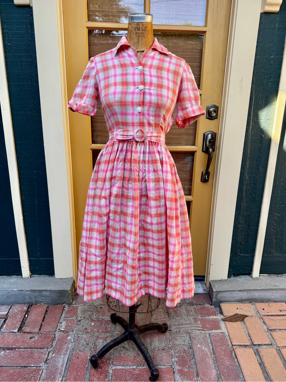 50s-60s Vintage Pink Plaid Shirtwaist Dress Sz Xs